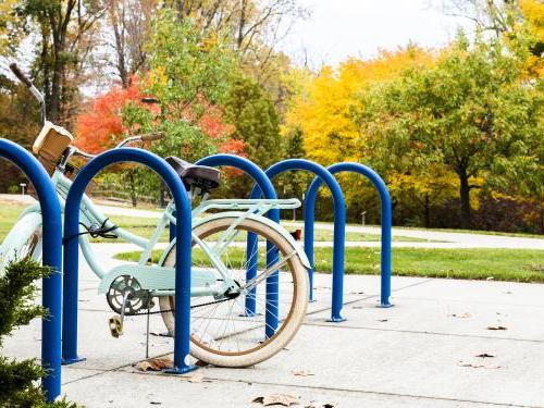 Bike in bike rack on campus.